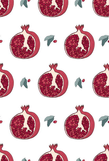 A seamless pattern of pomegranate slices with leaves and seed on a white isolated background. - Vector, Imagen