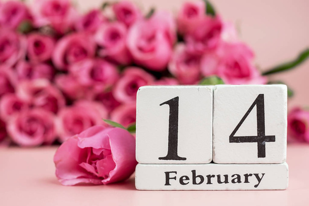 Pink rose flower and 14th February Calendar on pink background.  - Foto, Imagen