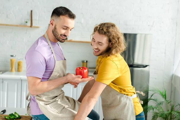 happy homosexual men looking at red bell pepper - Photo, Image