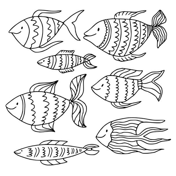 Collection de poissons Doodle. Coloriage livre page
. - Vecteur, image
