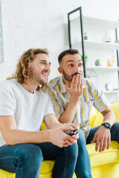 handsome homosexual men watching tv in living room  - Photo, Image