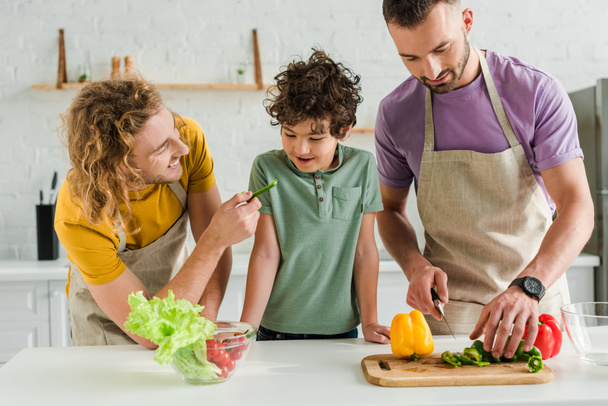 милый ребенок смешанной расы глядя на гомосексуального отца с колокольчиком перца рядом партнер приготовления пищи дома
  - Фото, изображение