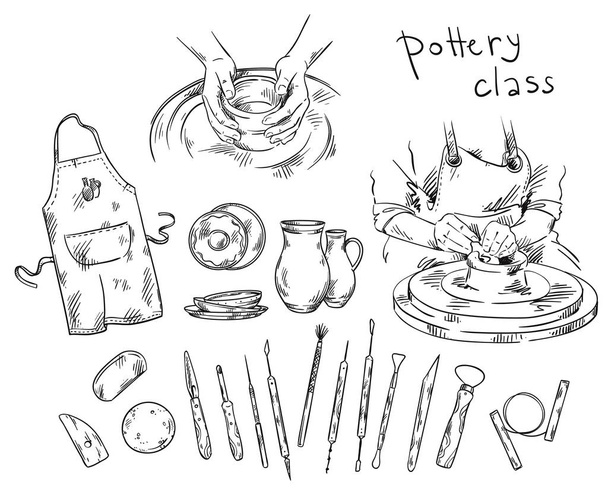 Pottery class. Tools and instruments for pottery making, potter' - Vector, Image