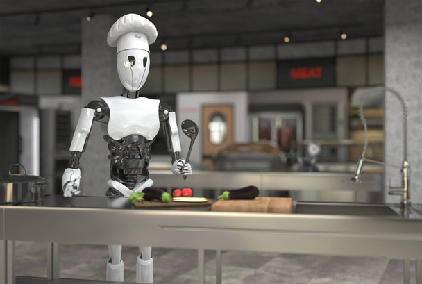Een mensachtige robot chef-kok kookt gerechten in een restaurant keuken. Menselijke arbeid vervangen door robotica. Toekomstconcept met slimme robotica en kunstmatige intelligentie. 3d destructie. - Foto, afbeelding