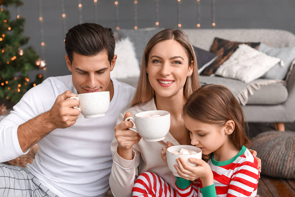Ευτυχισμένη οικογένεια πίνοντας ζεστή σοκολάτα την παραμονή των Χριστουγέννων στο σπίτι - Φωτογραφία, εικόνα