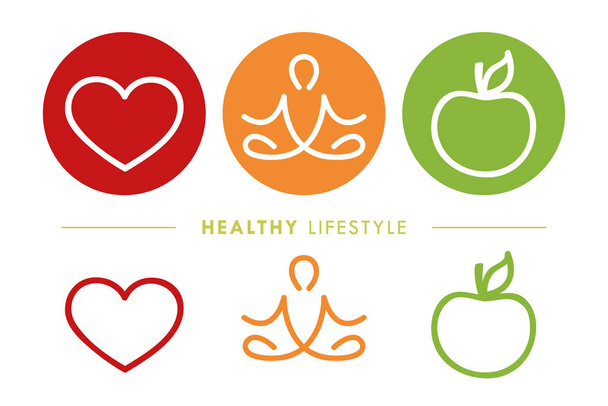 zdravý životní styl ikony srdce jóga a jablko - Vektor, obrázek