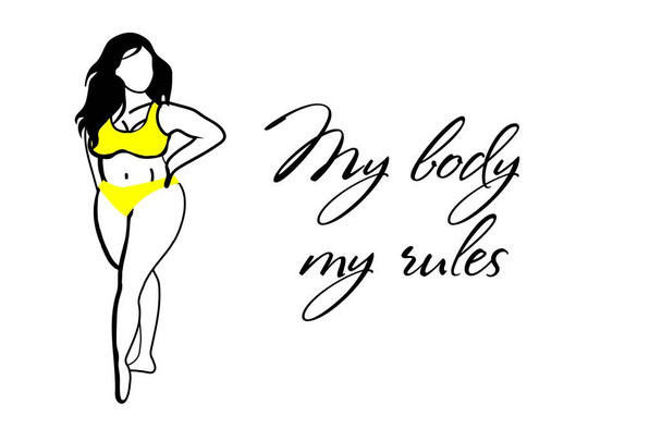 Mi cuerpo es mi regla. Concepto positivo del cuerpo. Chica sobre fondo blanco en traje de baño. Mujer en bikin. Amarillo
.. - Vector, Imagen