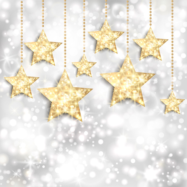 Altın yıldızlar ve twinkly ışık gümüş arka plan - Vektör, Görsel