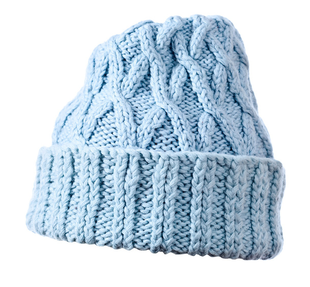modrý pletený klobouk na bílém pozadí - Fotografie, Obrázek