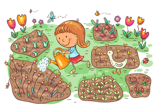 庭の子供の散水花や野菜 - ベクター画像