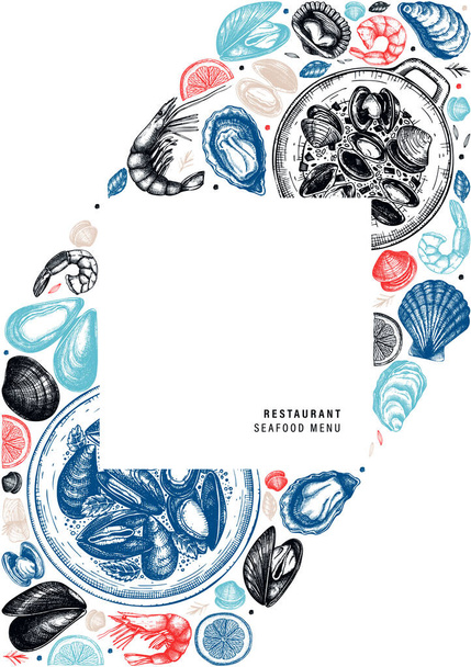 Vector seafood A5 flyer design. Hand drawn fish, shellfish, shri - Vetor, Imagem