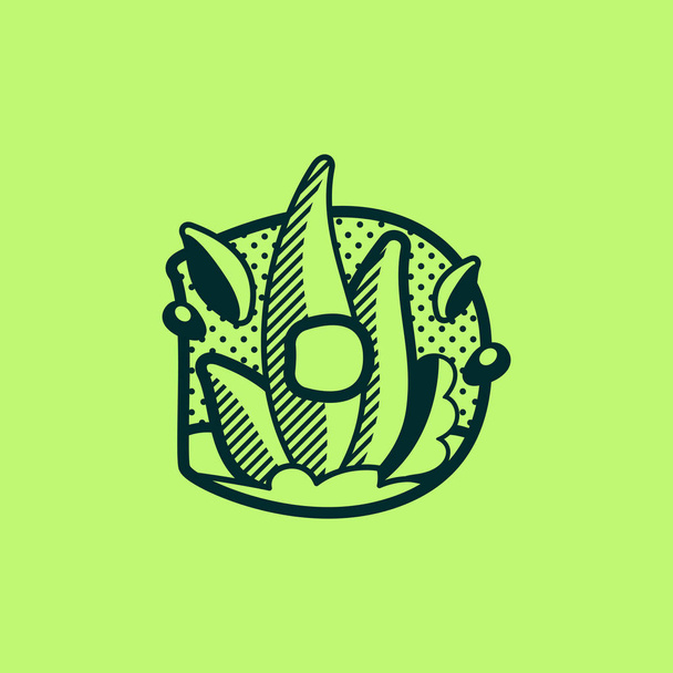 D γράμμα τοπίο μονόχρωμο λογότυπο με φύλλα και σταγόνες δροσιάς. - Διάνυσμα, εικόνα