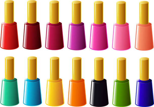 Vector illustration of various nail polish bottles in different colors isolated on white background - Vector, Image