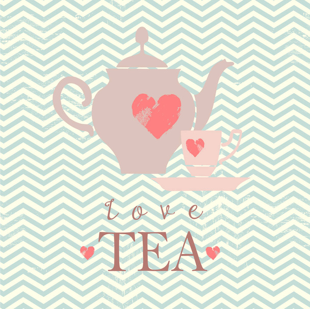 Love tea, teapot and cup of tea, vector hand drawn illustration. - Vector, afbeelding