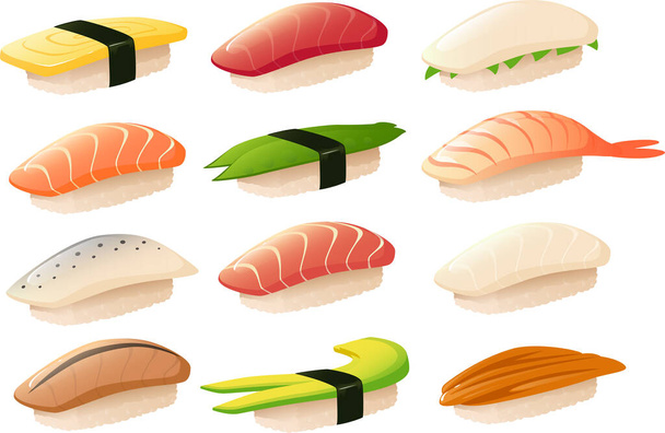 Vector illustratie van verschillende soorten nigiri sushi geïsoleerd op witte achtergrond - Vector, afbeelding