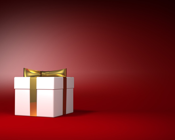White Gift Box with Gold Ribbon and Bow on the Red Background - Foto, Imagem