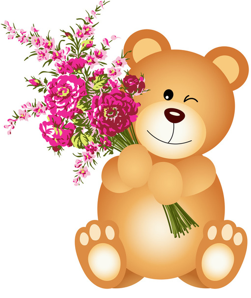 Teddy Bear Holding Flowers - Vector, Image