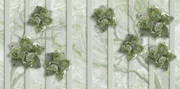 3d ілюстрація, блідо-зелений мармуровий фон, вертикальні смуги, ювелірні квіти
. - Фото, зображення