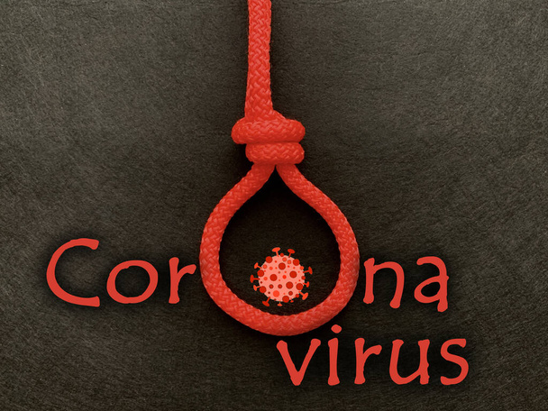 Een touw met een lus en een opschrift. Helder touw met een lus, op een donkere achtergrond. Concept: dodelijke ziekte, coronavirus - Foto, afbeelding