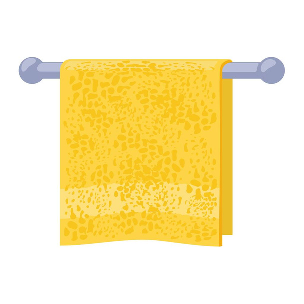 Duvara bağlı metal tutacağa asılı sarı yumuşak havlu. Açık kırmızı banyo iç unsuru. - Vektör, Görsel