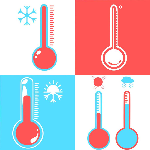Joukko Celsius ja fahrenheit meteorologia lämpömittarit mitata lämpöä ja kylmää, vektori kuva. Lämpömittarilaitteet, joissa näkyy kuuma tai kylmä sää. Aseta lääketieteen lämpömittarit litteään tyyliin
. - Vektori, kuva