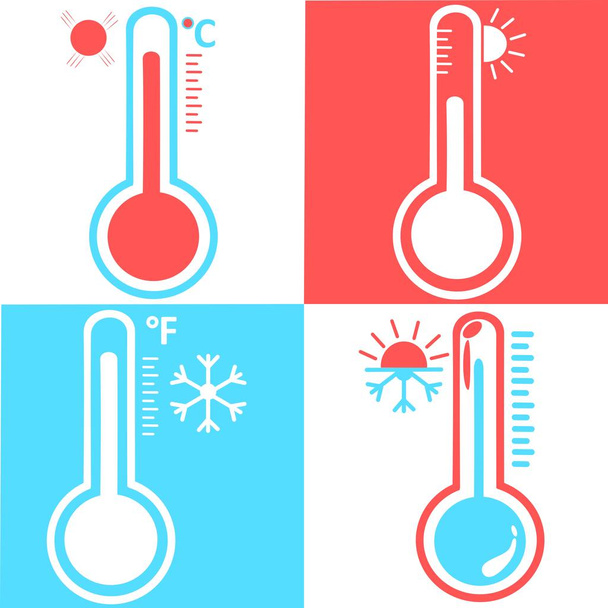 Joukko Celsius ja fahrenheit meteorologia lämpömittarit mitata lämpöä ja kylmää, vektori kuva. Lämpömittarilaitteet, joissa näkyy kuuma tai kylmä sää. Aseta lääketieteen lämpömittarit litteään tyyliin
. - Vektori, kuva