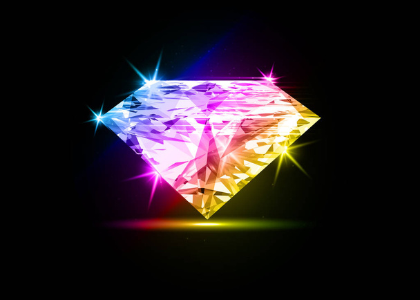 Vector colorful dazzling diamond on black shining background. concept for chossing best diamond gem design. Realistic diamond isolated on black - Vector, Image
