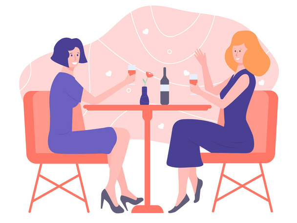 Couple of girls sitting at a table in a restaurant - Vector, Image