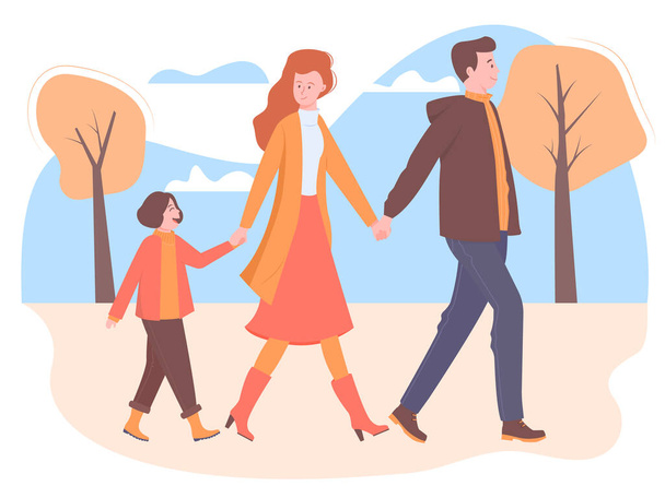 Happy family walks, holding hands. - Vector, Image