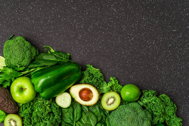 Selection of healthy green food fresh vegetables and fruit. - Fotoğraf, Görsel