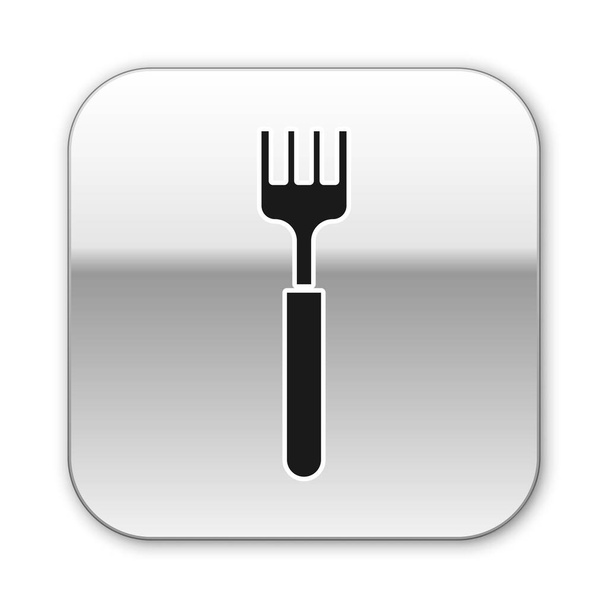 Icono de tenedor negro aislado sobre fondo blanco. Símbolo de cubertería. Botón cuadrado plateado. Ilustración vectorial
 - Vector, Imagen