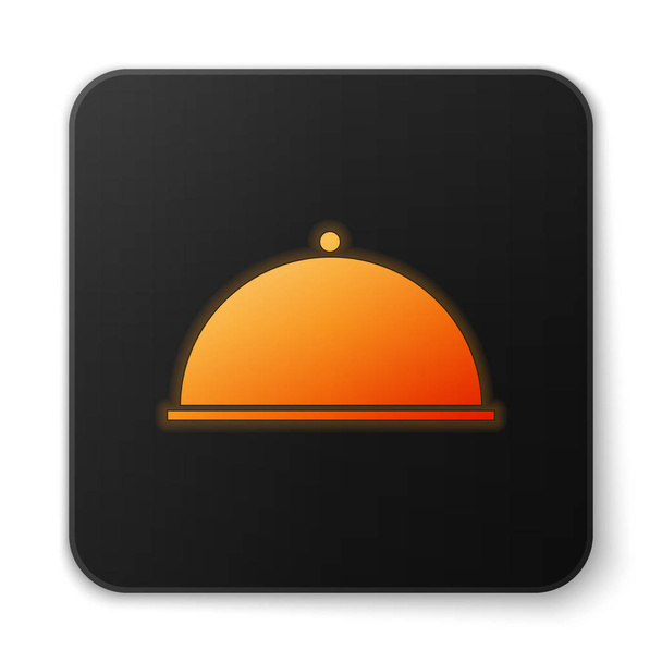 Beyaz arka planda izole edilmiş bir tepsi yiyecek ikonu ile kaplı turuncu parlak neon. Tepsi ve kapak. Kapaklı bir restoran saati. Mutfak eşyaları sembolü. Siyah kare düğme. Vektör İllüstrasyonu - Vektör, Görsel