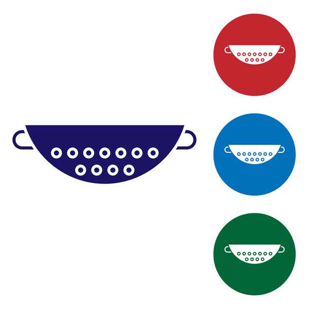 Modrá kuchyně colander ikona izolované na bílém pozadí. Nádobí na vaření. Znamení příboru. Nastavit barevné ikony v kruhových tlačítcích. Vektorová ilustrace - Vektor, obrázek