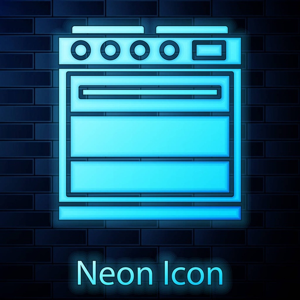 Leuchtende Neon-Ofen-Symbol isoliert auf Backsteinwand Hintergrund. Herd Gasofen Zeichen vorhanden. Vektorillustration - Vektor, Bild
