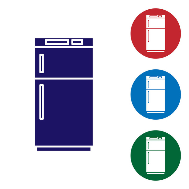Μπλε εικόνα ψυγείο απομονώνονται σε λευκό φόντο. Ψυγείο ψυγείου. Τεχνολογία και οικιακές συσκευές. Ορισμός εικονιδίων χρώματος σε κουμπιά κύκλου. Εικονογράφηση διανύσματος - Διάνυσμα, εικόνα