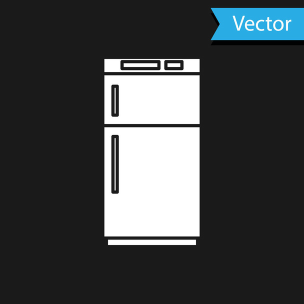 Valkoinen jääkaappi kuvake eristetty mustalla pohjalla. Jääkaappi jääkaappi jääkaappi. Kotitalouskoneet ja laitteet. Vektorikuvaus - Vektori, kuva
