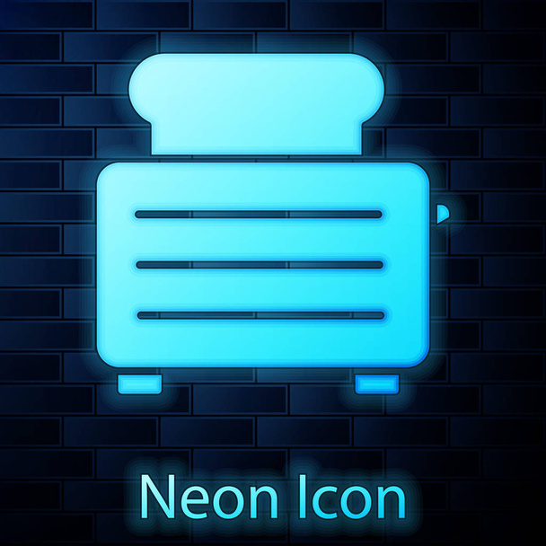 Glowing neon Toaster with toasts icon isolated on brick wall background.  Vector Illustration - Vector, Image