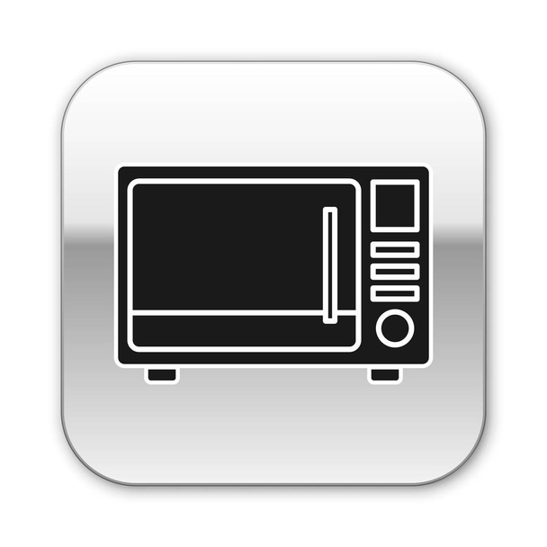 Černá mikrovlnná trouba ikona izolované na bílém pozadí. Ikona domácích spotřebičů. Stříbrný knoflík. Vektorová ilustrace - Vektor, obrázek