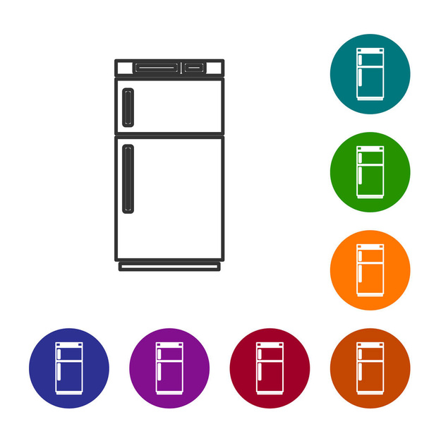 Иконка холодильника серой линии изолирована на белом фоне. Холодильник-морозильник. Бытовая техника и техника. Установите пуговицы в цветной круг. Векторная миграция
 - Вектор,изображение