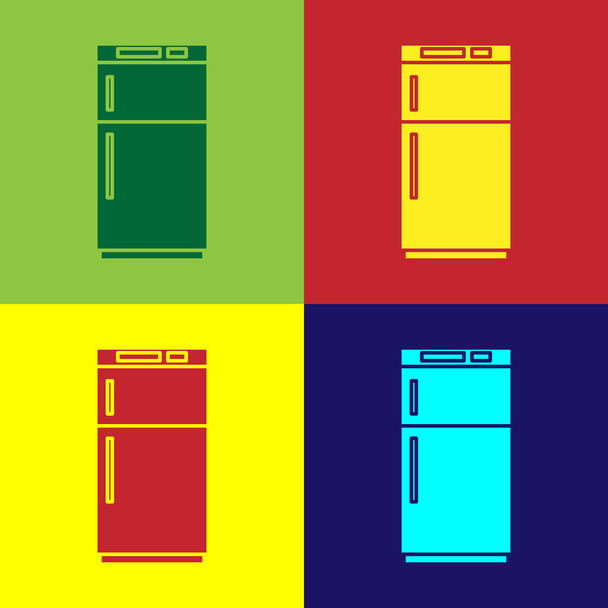 Kühlschranksymbol isoliert auf farbigem Hintergrund. Kühlschrank mit Gefrierfach Kühlschrank. Haushaltstechnologie und Haushaltsgeräte. Vektorillustration - Vektor, Bild