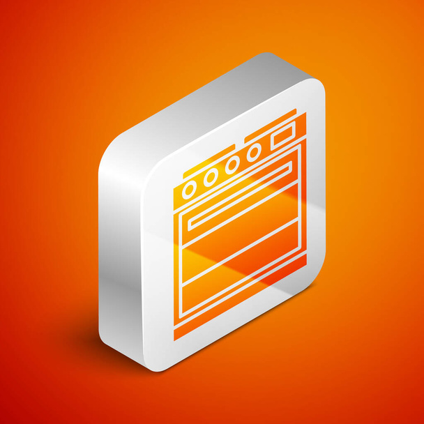 Isometric Oven icon isolated on orange background. Stove gas oven sign. Silver square button. Vector Illustration - Vetor, Imagem