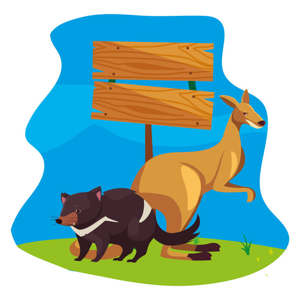klokan a tasmánský ďábel nad krajinou - Vektor, obrázek