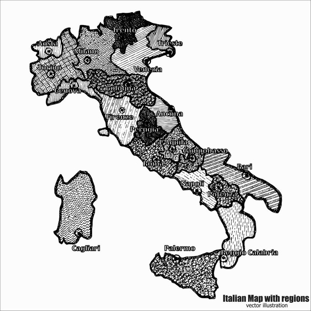 Карта Італії яскрава ілюстрація. Малюнок вручну з мапою. Італійська карта з італійськими великими містами і регіонами.. - Вектор, зображення