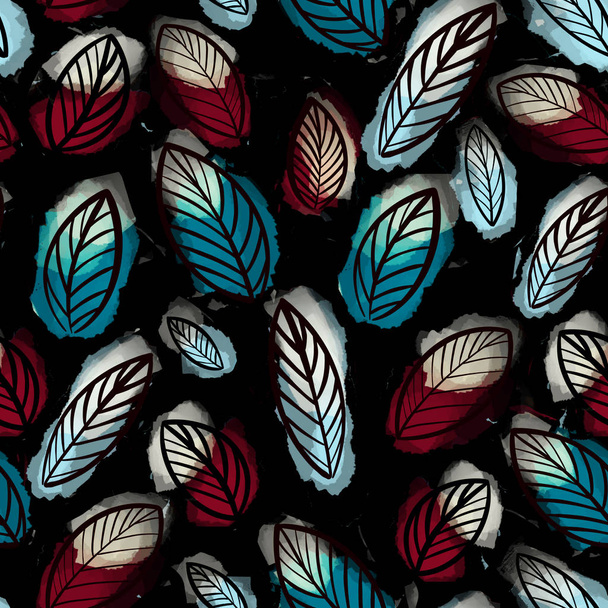 Aquarel naadloos patroon abstracte bladeren op een zwarte achtergrond - Foto, afbeelding