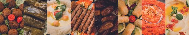 Middle eastern traditional cuisine collage including falafel, dolmas, hummus, halal kebab meat, dates, Muajjanat Sabanej,  muhammara and mutabal. Traditional lebanese food eaten for eid after Ramadan - Fotó, kép