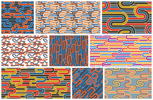 Stripy vector seamless patterns with woven lines, geometric abstract backgrounds set, stripy net, optical maze, web network. - Vector, Image
