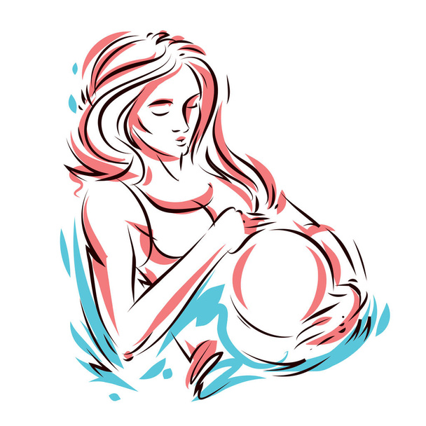 Těhotné ženské tělo tvar ručně kreslenou vektorové ilustrace, krásná dáma něžně pohladil její břicho. Láskou a něhou koncepce. - Vektor, obrázek