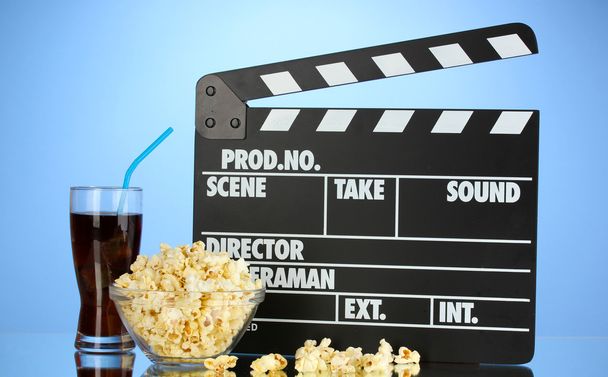 Movie clapperboard, cola and popcorn - Photo, Image