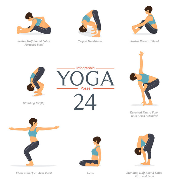 Set de 8 poses de yoga en diseño plano. Mujer de belleza en ropa deportiva azul y pantalones de yoga negro está haciendo ejercicio para estirar el cuerpo. Infografías del yoga vector arte e ilustración
. - Vector, imagen