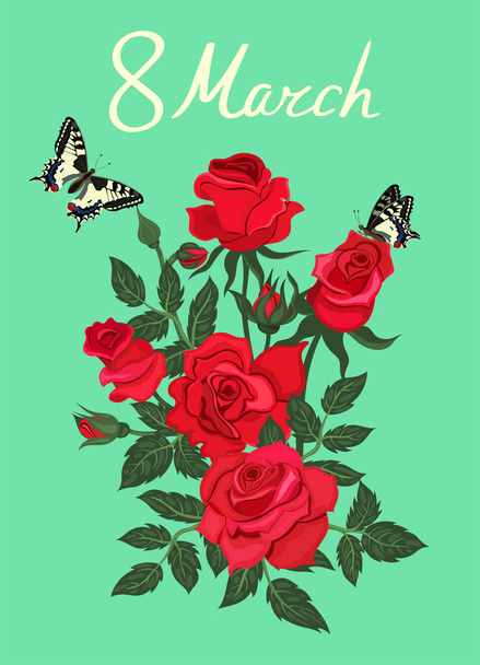 Greeting card with red roses and butterflies for March 8. Vector graphics. - Vector, Image